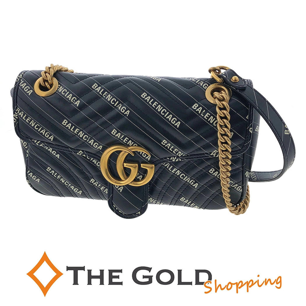 Gucci Collaboration Quilted GG Marmont Double Chain Shoulder Bag Leather Black